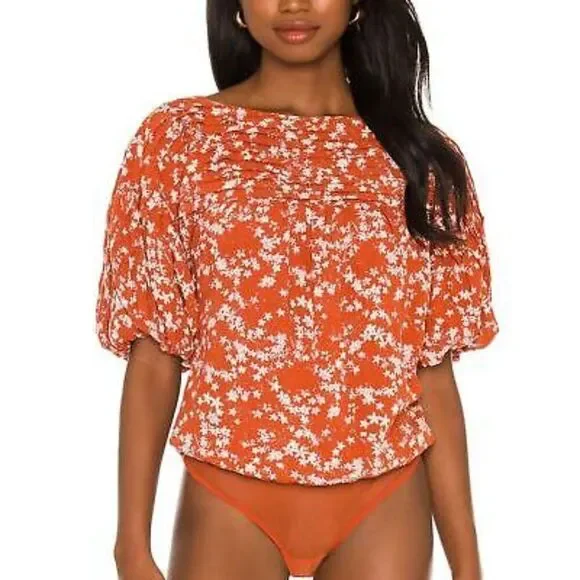 Free People Dessa Bodysuit Orange Floral Puff Sleeves Size XS - Picture 2 of 10